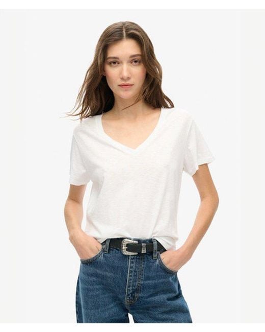 Superdry Blue Slub Embroidered V-neck T-shirt