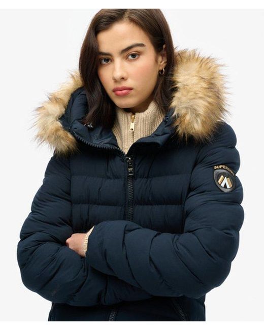 Superdry Blue & Co Slim Fit Fuji Faux Fur Hooded Long Jacket