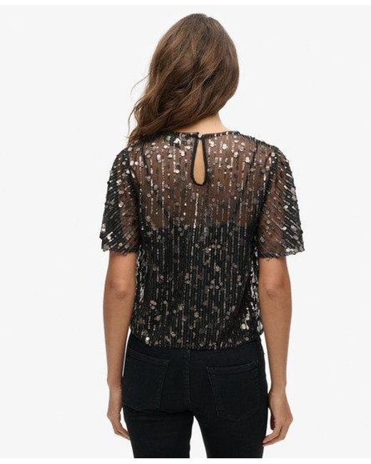 Superdry Black Sequin Sheer Short Sleeve Top