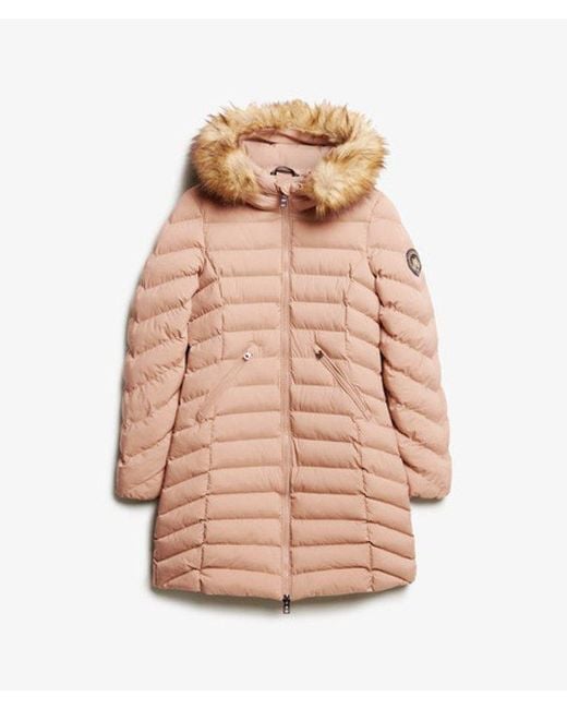 Doudoune mi-longue à capuche en fourrure synthétique Superdry en coloris Natural