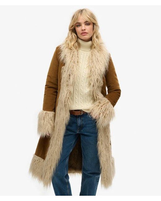 Superdry Blue Faux Fur Lined Longline Afghan Coat