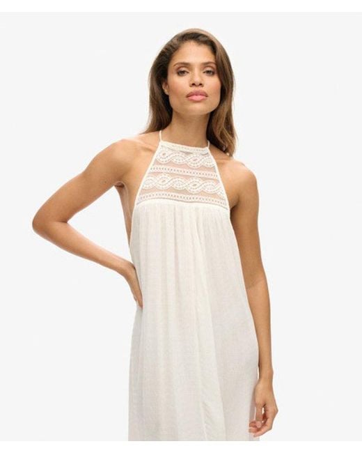 Superdry White Lace Detail Ibiza Halter Midi Dress