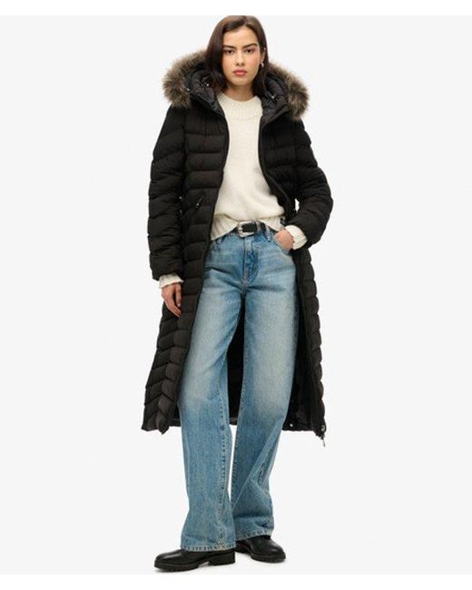 Superdry Black & Co Slim Fit Fuji Faux Fur Hooded Long Jacket