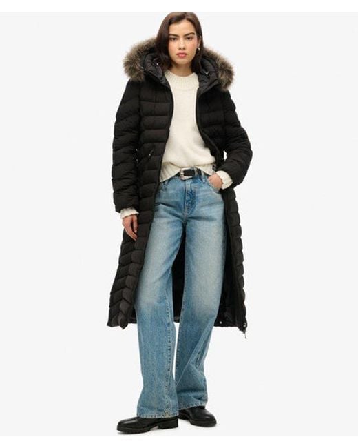 Veste longue à capuche en fausse fourrure fuji Superdry en coloris Black