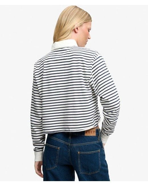 Superdry Blue Athletic Essential Cropped Stripe Rugby Top