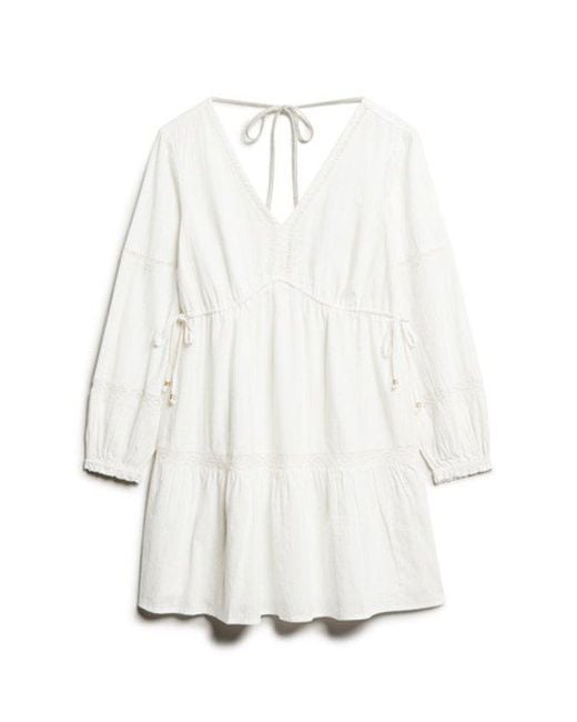 Superdry White Cotton Ibiza Long Sleeve Tiered Mini Dress