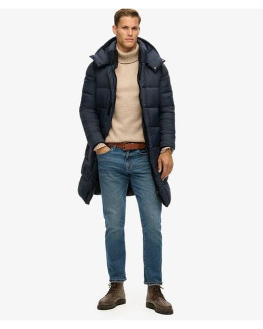 Superdry Blue & Co Classic Quilted Ripstop Long Puffer Coat for men