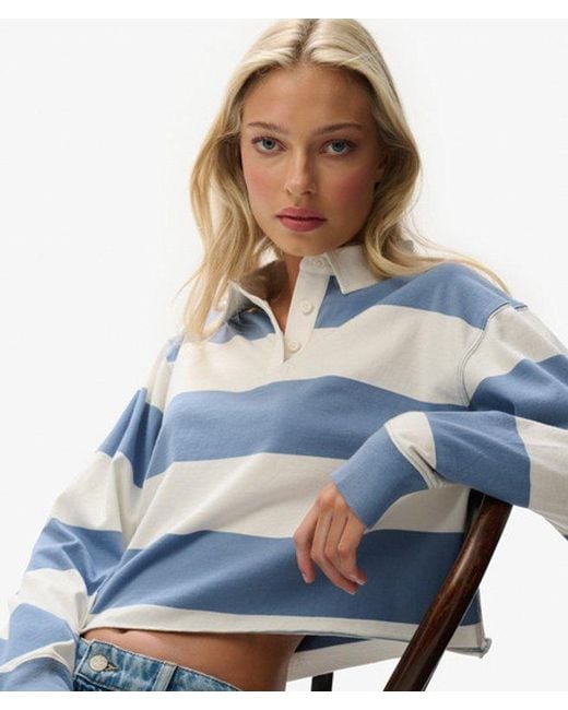 Superdry Blue & Co Athletic Essentials Cropped Stripe Rugby Top
