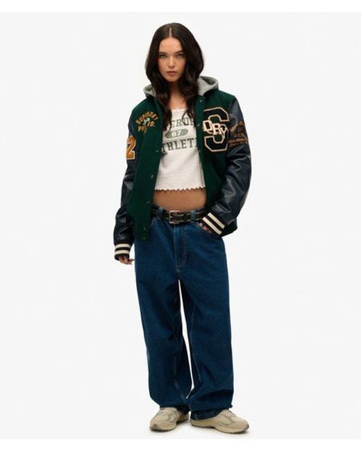 Superdry Green Oversized Hooded College Patched Bomber