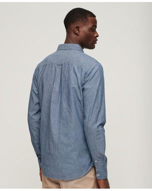 Superdry Blue Cotton Long-sleeved Chambray Shirt for men