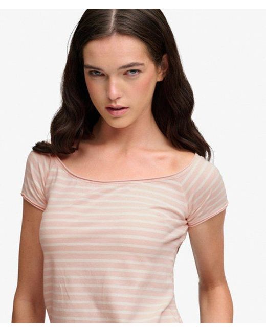 Superdry Gray Bardot Short Sleeve Off Shoulder Top
