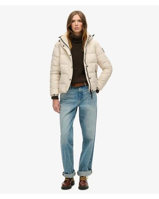 Superdry Natural & Co Classic Logo Badge Faux Fur Short Hooded Puffer Jacket