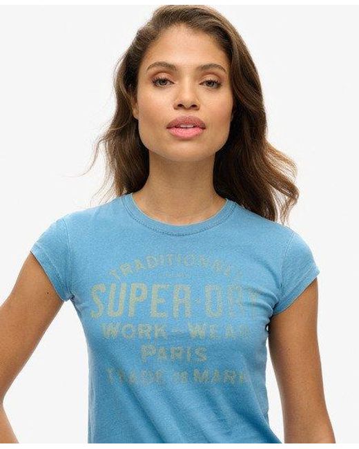 Superdry Blue Indigo Workwear Cap Sleeve T-shirt