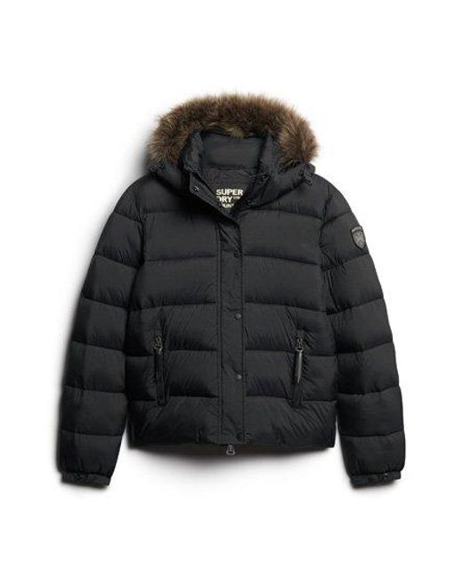 Superdry Black Faux Fur Short Hooded Puffer Jacket