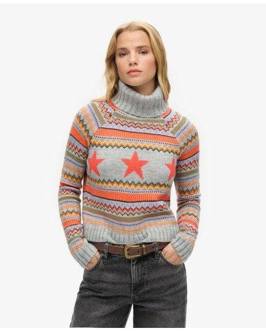 Superdry Gray Ladies Classic Raglan Stripe Roll Neck Knit Jumper