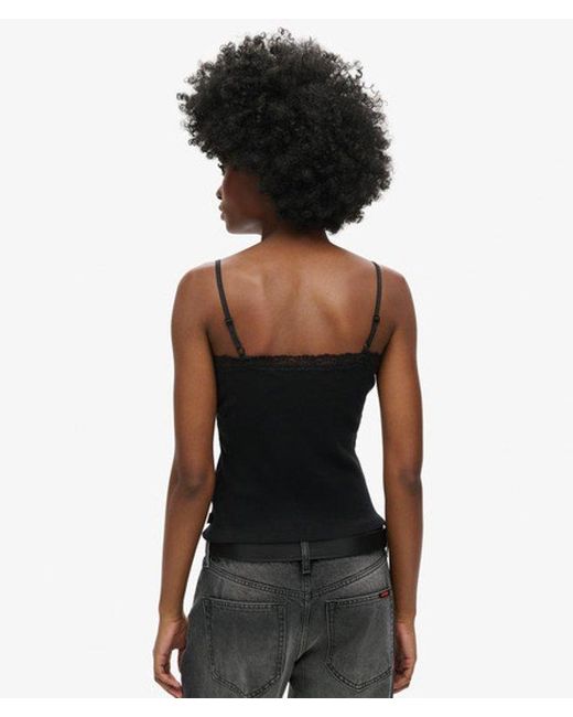 Superdry Black & Co Ladies Organic Cotton Vintage Rib Lace Trim Cami Top
