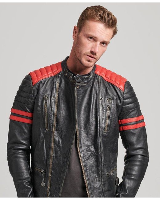 Superdry Gray Vintage Leather Moto Racer Jacket Black for men
