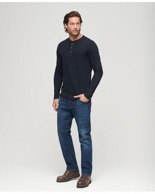 Superdry Blue Relaxed Fit Waffle Cotton Henley Top for men