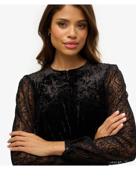 Superdry Black & Co Lace Sleeve Velvet Midi Dress