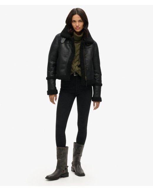 Superdry Black & Co Faux Shearling Cropped Aviator Jacket