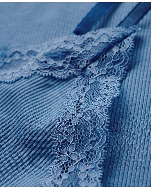 Superdry Blue Organic Cotton Vintage Rib Lace Trim Cami Top