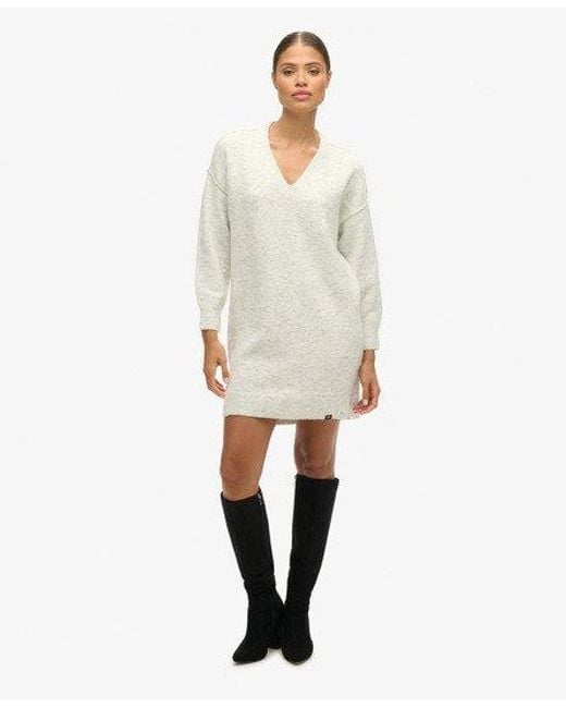 Superdry Gebreide Jurk Met V hals in het Wit Lyst NL