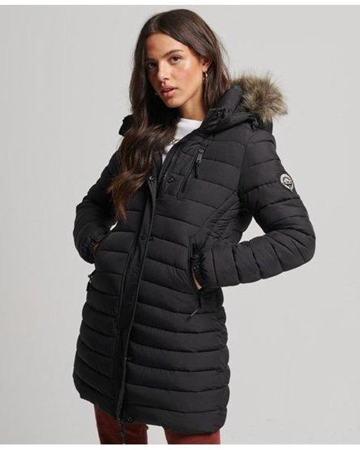 Superdry Faux Fur Hooded Mid Length Puffer Jacket Black