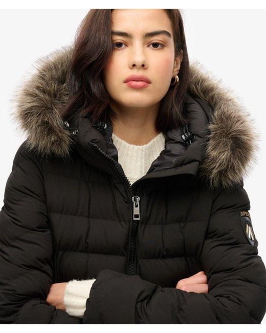 Superdry Black & Co Slim Fit Fuji Faux Fur Hooded Long Jacket