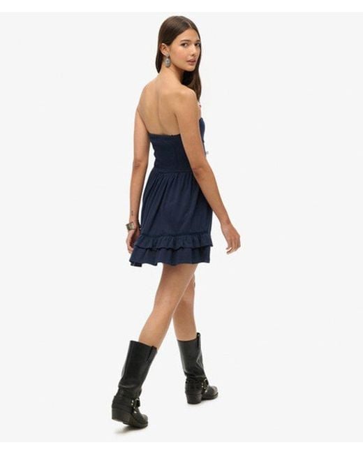 Superdry Blue Cotton 50s Lace Detail Detail Slim Fit Ruffle Bandeau Mini Dress