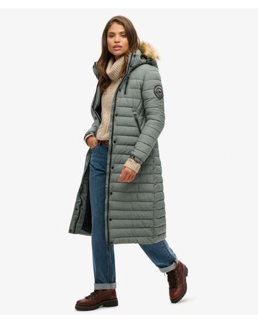 Superdry Blue & Co Quilted Fuji Hooded Long Puffer Coat