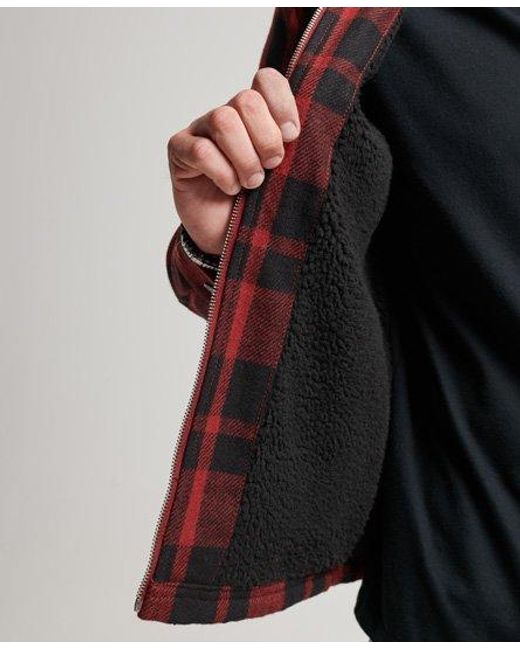 Superdry Zip Through Borg Lined Wool Check Overshirt Red for men