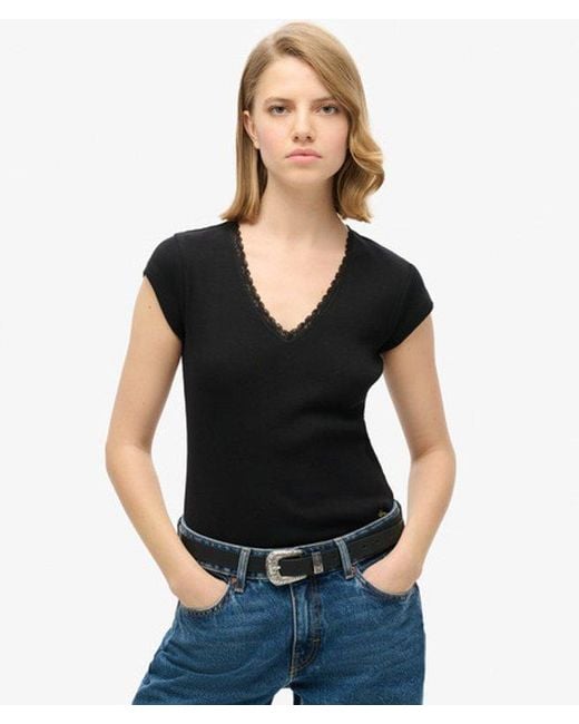 Superdry Black & Co Lace Trim Athletic Essentials V-neck Top