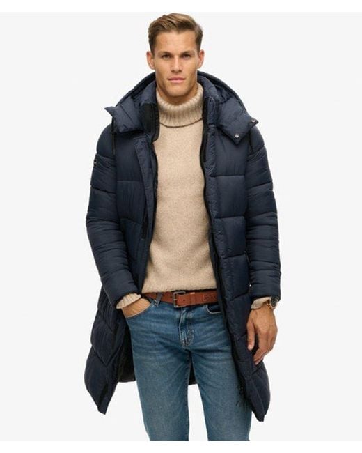 Superdry Blue & Co Classic Quilted Ripstop Long Puffer Coat for men