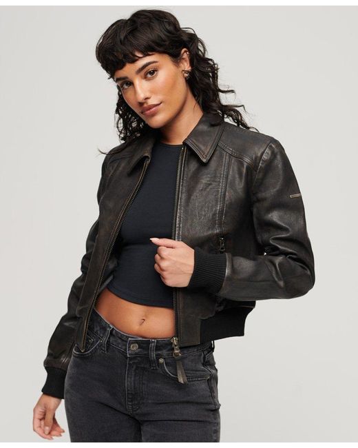 Superdry Fully Lined 70s Leather Jacket in Black | Lyst