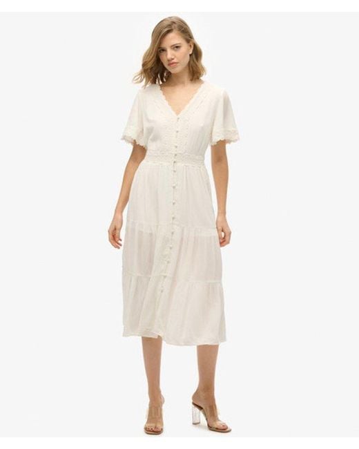 Superdry Natural Lace Detail Ibiza Short Sleeve Midi Tea Dress