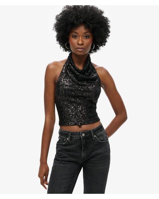 Superdry Black & Co Sequin Cowl Halter Neck Top