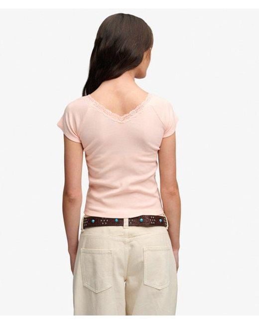 Superdry Natural & Co Athletic Essential Lace Trim V-neck T-shirt