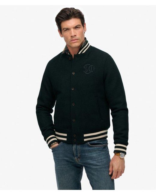 Superdry Black Varsity Monogram Wool Blend Bomber Jacket for men