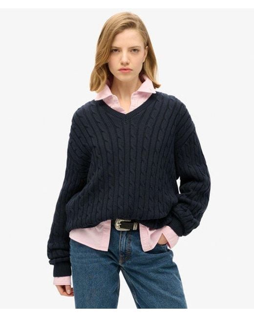 Superdry Blue & Co Ladies Lightweight Cable Knit Oversized V Neck Jumper