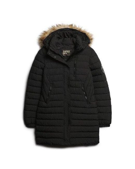Superdry Black Quilted Fuji Hooded Mid Length Puffer Coat
