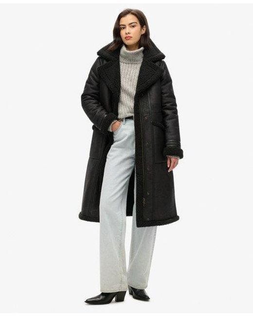 Superdry Black Faux Shearling Longline Aviator Coat