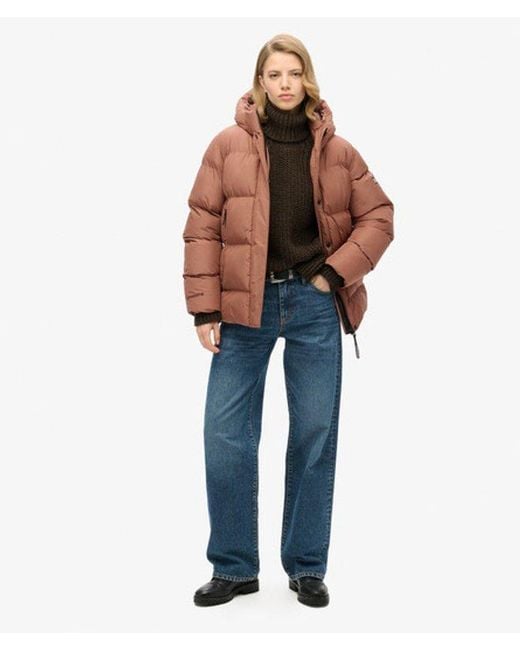 Superdry Brown & Co Hooded Mid Length Sports Puffer Jacket