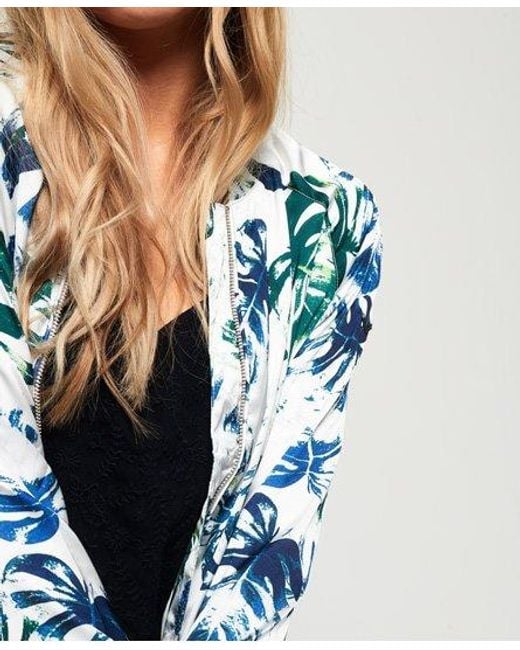Superdry Blue Super Luxe Print Bomber Jacket Hibiscus Leaf Print