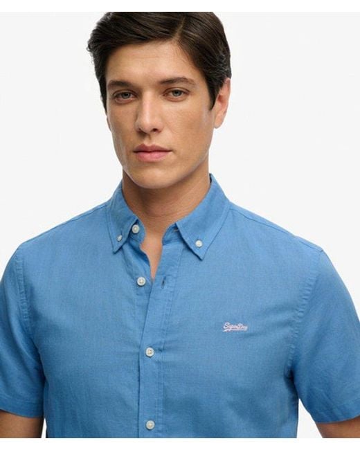 Superdry Blue Cotton Linen Short Sleeve Shirt for men