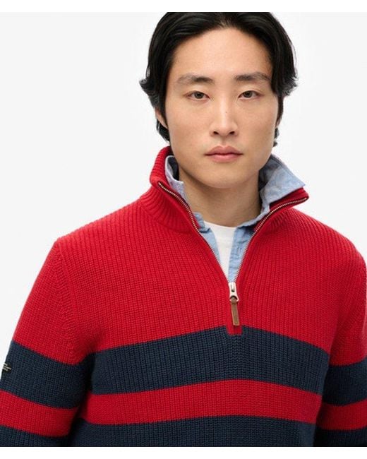 Superdry Red Cotton Classic Stripe Half-Zip Jumper for men