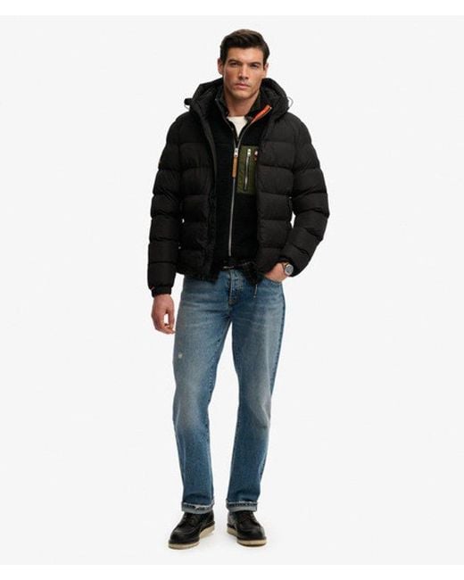 Superdry Black & Co Classic Embroidered Logo Hooded Sports Puffer Jacket for men