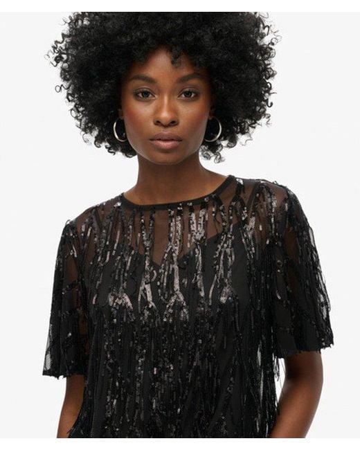 Superdry Black & Co Sheer Short Sleeve Sequin Top