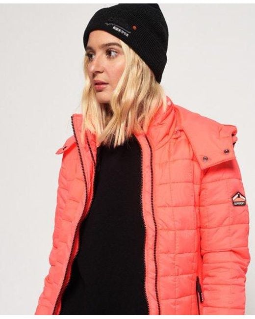 Superdry Red Hooded Box Quilt Fuji Jacket Acid Coral