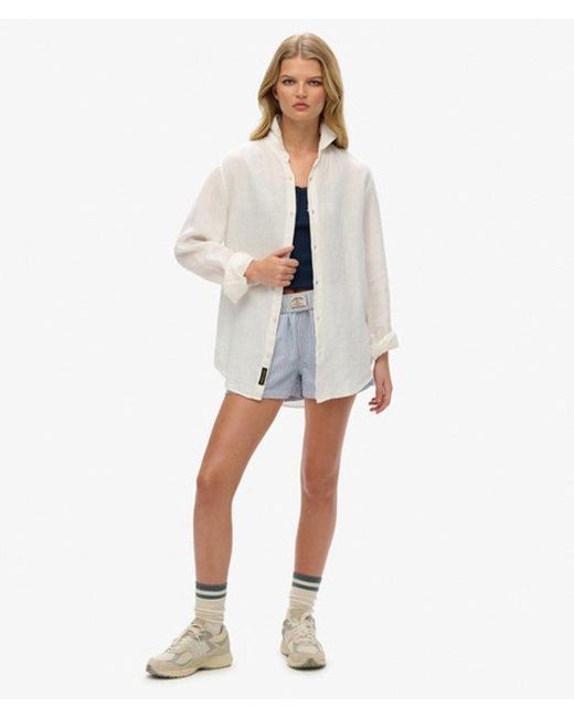 Superdry White Oversized Casual Linen Long Sleeve Shirt