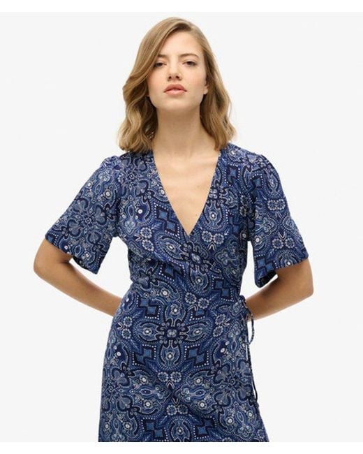 Superdry Blue Printed Wrap Midi Dress